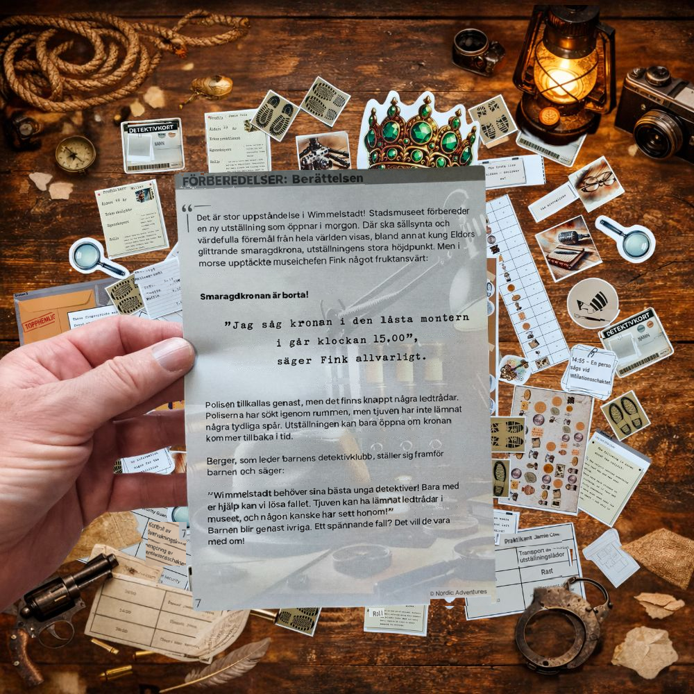 Galleribild med detektivberättelsens introduktionsblad och illustrerat spelmaterial på ett träbord